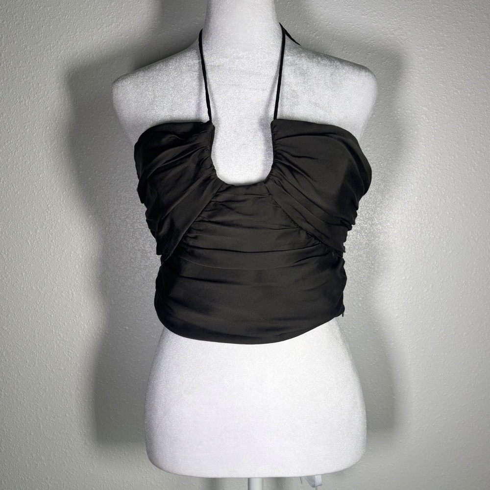 Witchy Whimsigoth Womens Halter Top M Dark Olive Green Ruched Smocked Back Crop